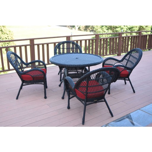 5pc Santa Maria Black Wicker Dining Set - Red Cushions