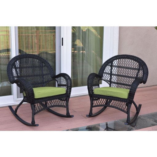 Santa Maria Black Wicker Rocker Chair with Sage Green Cushion - Set of 2
