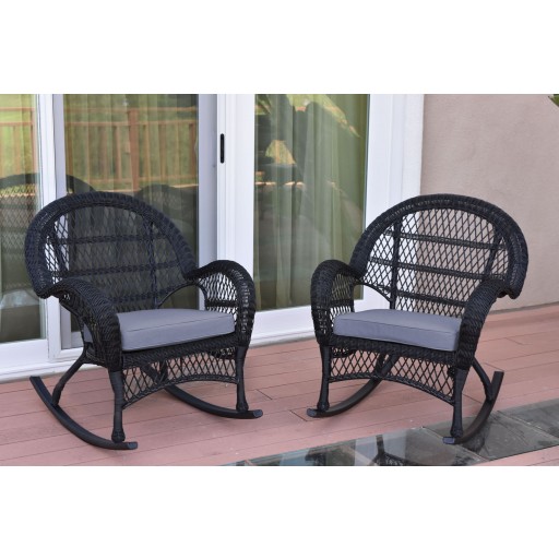 Santa Maria Black Wicker Rocker Chair with Steel Blue Cushion - Set of 2