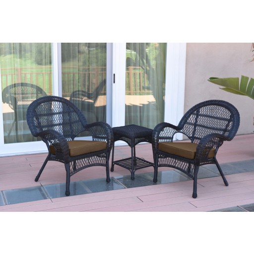 3pc Santa Maria Black Wicker Chair Set - Brown Cushions