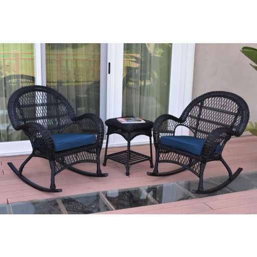 3pc Santa Maria Black Rocker Wicker Chair Set With Cushions
