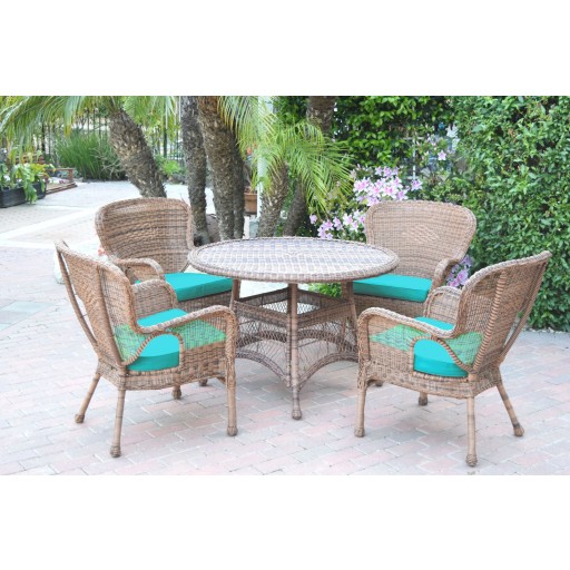 5pc Windsor Honey Wicker Dining Set - Sky Blue Cushions