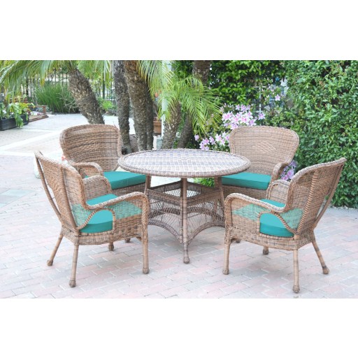 5pc Windsor Honey Wicker Dining Set - Turquoise Cushions