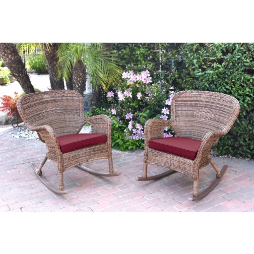 Set of 2 Windsor Honey Resin Wicker Rocker Chair with Red Cushions