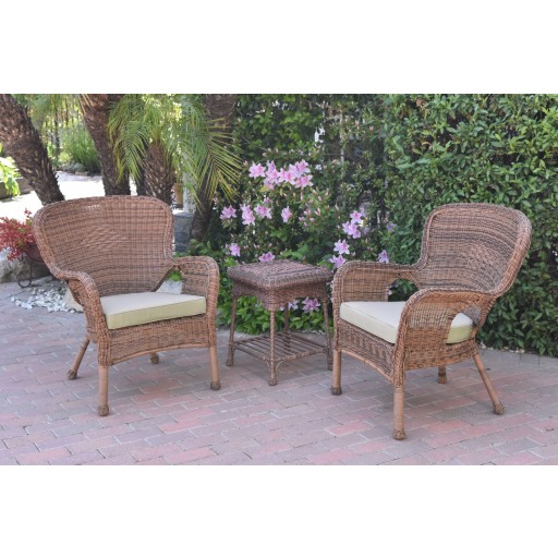 Windsor Honey Wicker Chair And End Table Set With Tan Chair Cushion
