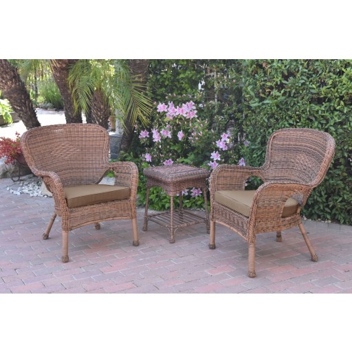 Windsor Honey Wicker Chair And End Table Set With Brown Chair Cushion