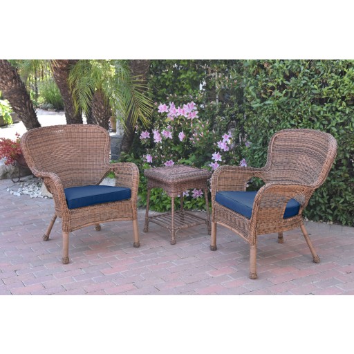 Windsor Honey Wicker Chair And End Table Set With Midnight Blue Chair Cushion