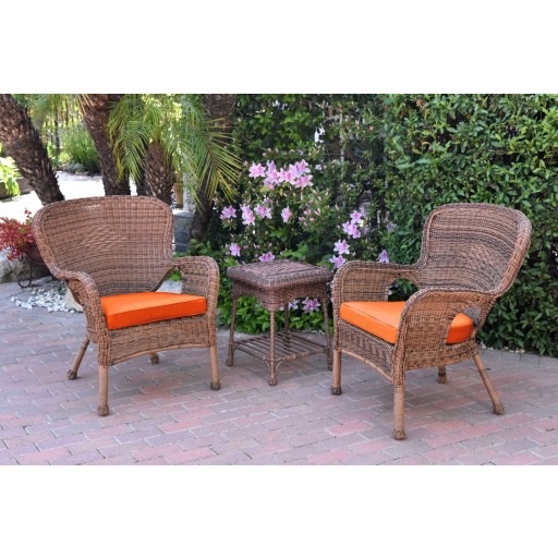 Windsor Honey Wicker Chair And End Table Set With Orange Chair Cushion