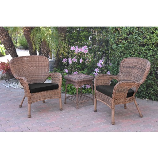 Windsor Honey Wicker Chair And End Table Set With Black Chair Cushion