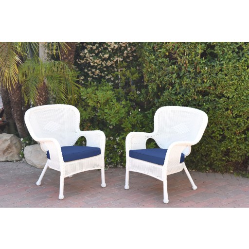 Set of 2 Windsor White Resin Wicker Chair with Midnight Blue Cushions