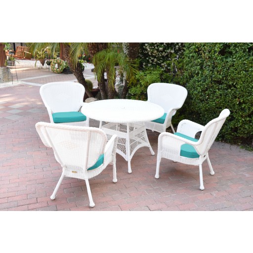 5pc Windsor White Wicker Dining Set - Turquoise Cushions