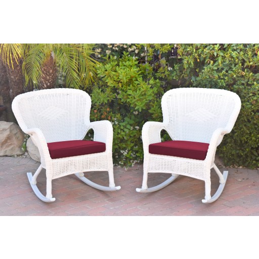 Set of 2 Windsor White Resin Wicker Rocker Chair with Red Cushions