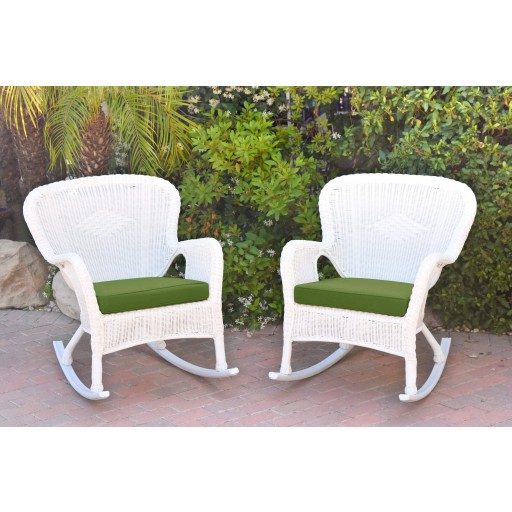 Set of 2 Windsor White Resin Wicker Rocker Chair with Hunter Green Cushions