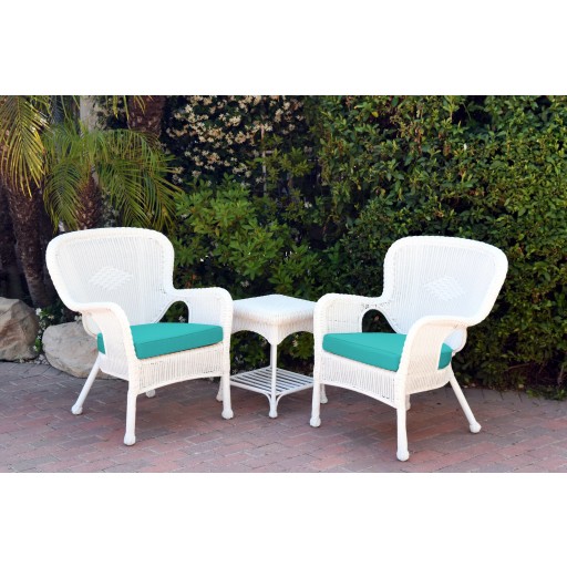 Windsor White Wicker Chair And End Table Set With Turquoise Chair Cushion