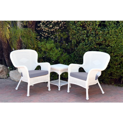 Windsor White Wicker Chair And End Table Set With Steel Blue Chair Cushion