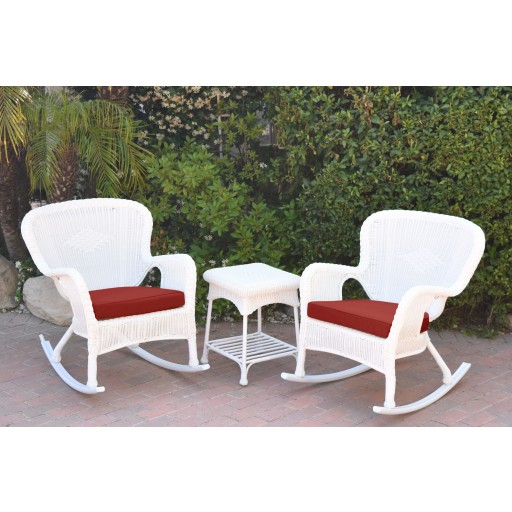 Windsor White Wicker Rocker Chair And End Table Set With Brick Red Chair Cushion