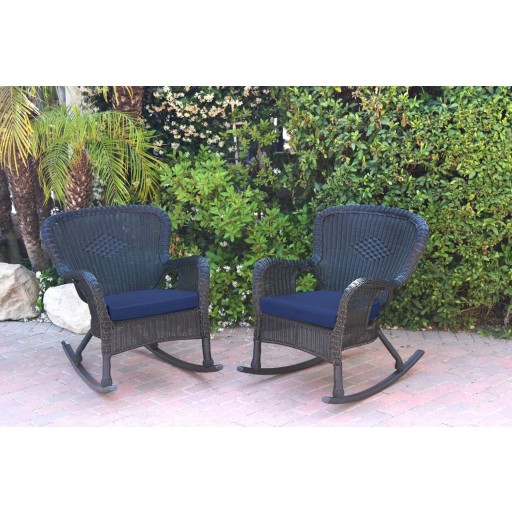 Set of 2 Windsor Black  Resin Wicker Rocker Chair with Cushions