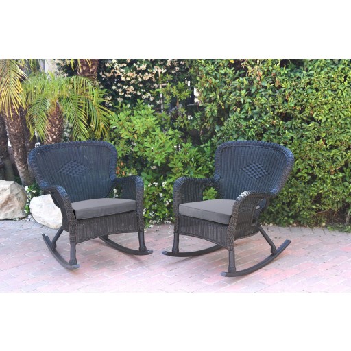 Set of 2 Windsor Black  Resin Wicker Rocker Chair with Steel Blue Cushions
