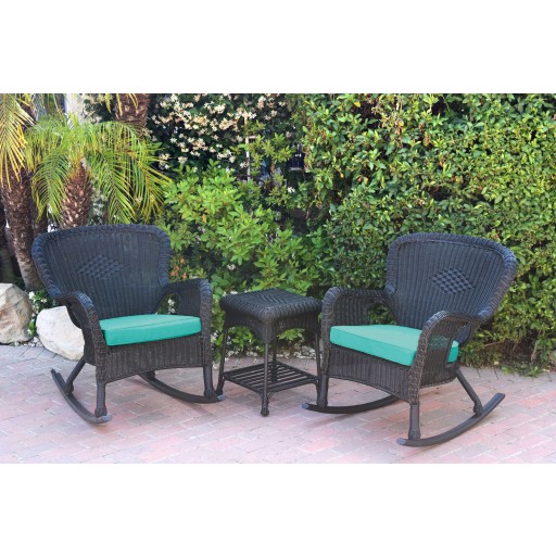 Windsor Black Wicker Rocker Chair And End Table Set With Turquoise Chair Cushion