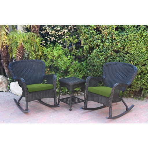 Windsor Black Wicker Rocker Chair And End Table Set With Hunter Green Chair Cushion
