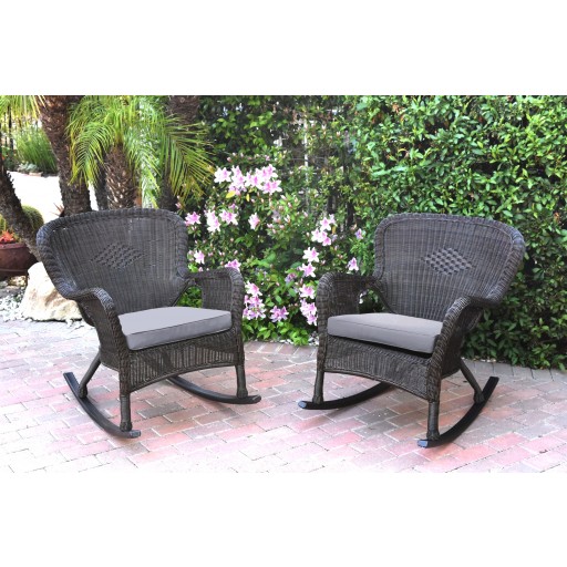 Set of 2 Windsor Espresso Resin Wicker Rocker Chair with Steel Blue Cushions