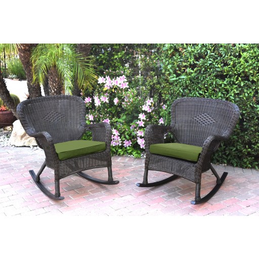 Set of 2 Windsor Espresso Resin Wicker Rocker Chair with Hunter Green Cushions