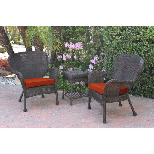Windsor Espresso Wicker Chair And End Table Set With Brick Red Chair Cushion