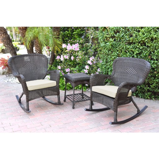Windsor Espresso Wicker Rocker Chair And End Table Set With Ivory Chair Cushion