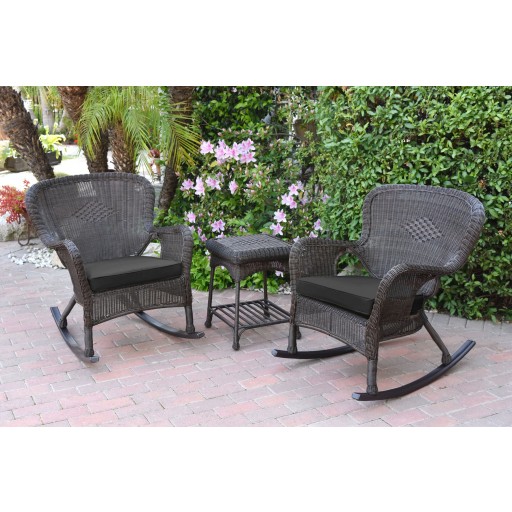 Windsor Espresso Wicker Rocker Chair And End Table Set With Black Chair Cushion