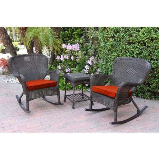 Windsor Espresso Wicker Rocker Chair And End Table Set With Brick Red Chair Cushion