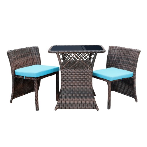 3PC WICKER CHAIR/TABLE BISTRO SET BROWN / TURQ CUSHION