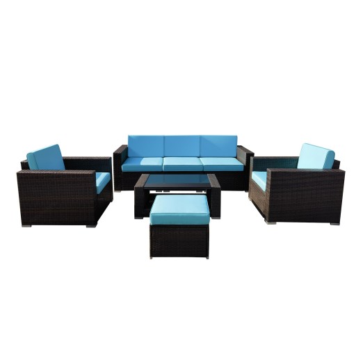 7PC BROWN WICKER SEATING SET /TURQ CUSHION