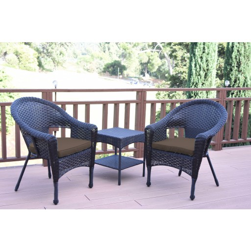 Set of 3 Espresso Resin Wicker Clark Single Chair with 2 inch Brown Cushion and End Table