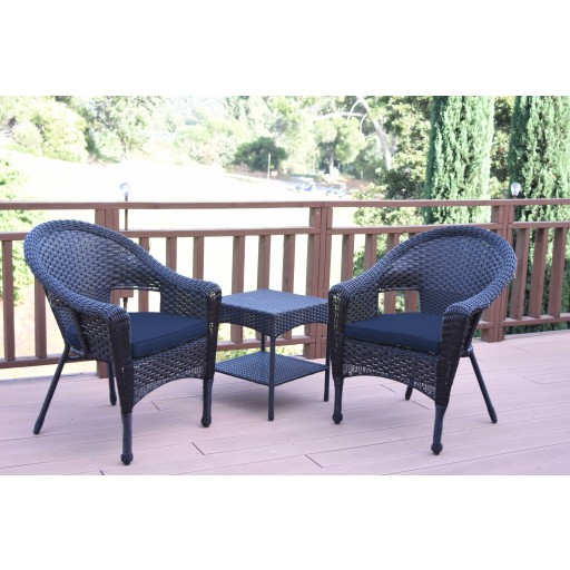Set of 3 Espresso Resin Wicker Clark Single Chair with 2 inch Midnight Blue Cushion and End Table