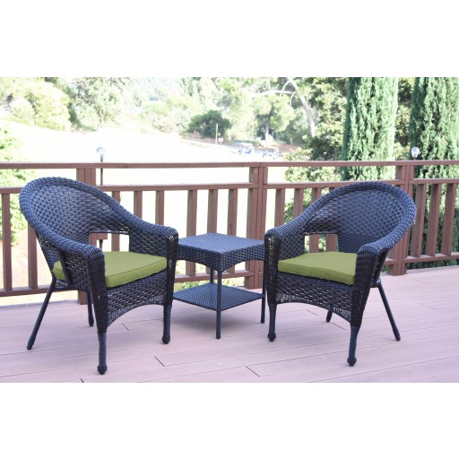 Set of 3 Espresso Resin Wicker Clark Single Chair with 2 inch Sage Green Cushion and End Table