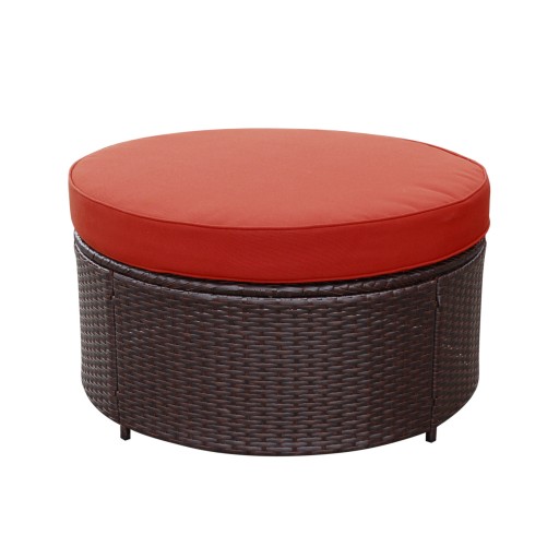 Resin Wicker Cartagena Curved modular Sectional Round Ottoman with 3.5in Brick Red Cushion