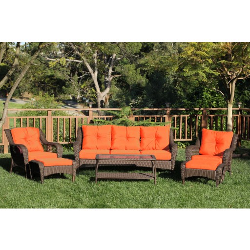 6pc Wicker Seating Set with Orange Cushions