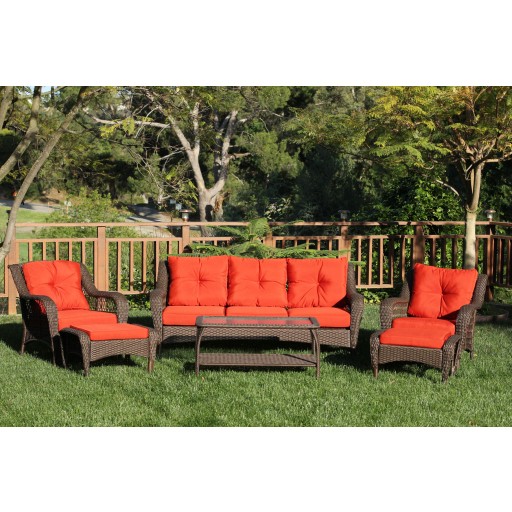 6pc Wicker Seating Set with Brick Red Cushions