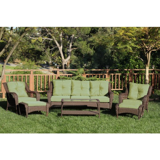 6pc Wicker Seating Set with Sage Green Cushions