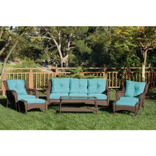 6pc Wicker Seating Set with Turquoise Cushions