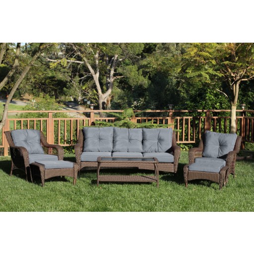 6pc Wicker Seating Set with Steel Blue Cushions