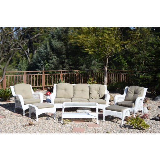 6pc White Wicker Seating Set with Tan Cushions