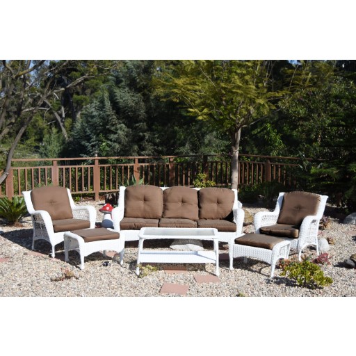 6pc White Wicker Seating Set with Brown Cushions