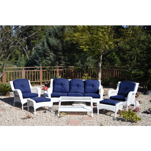 6pc White Wicker Seating Set  with Midnight Blue Cushions