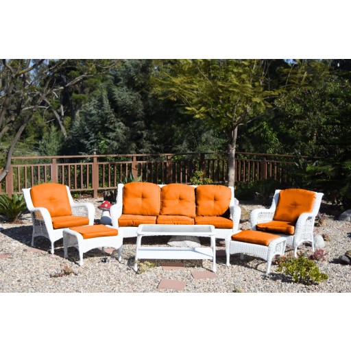 6pc White Wicker Seating Set with Orange Cushions