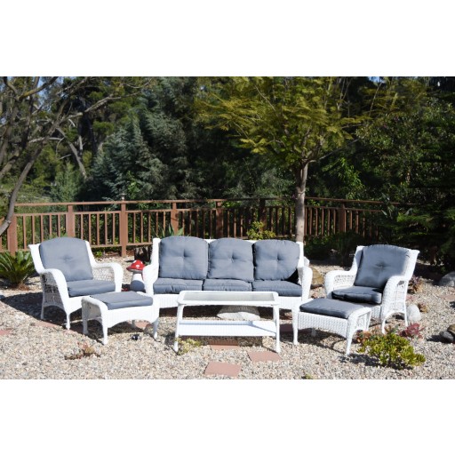 6pc White Wicker Seating Set with Steel Blue Cushions