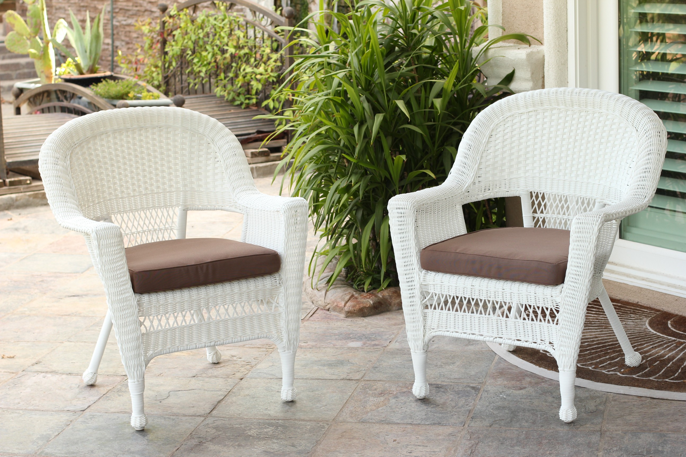 White Wicker Chair With Brown Cushion - Set of 4 | Bazaar Home