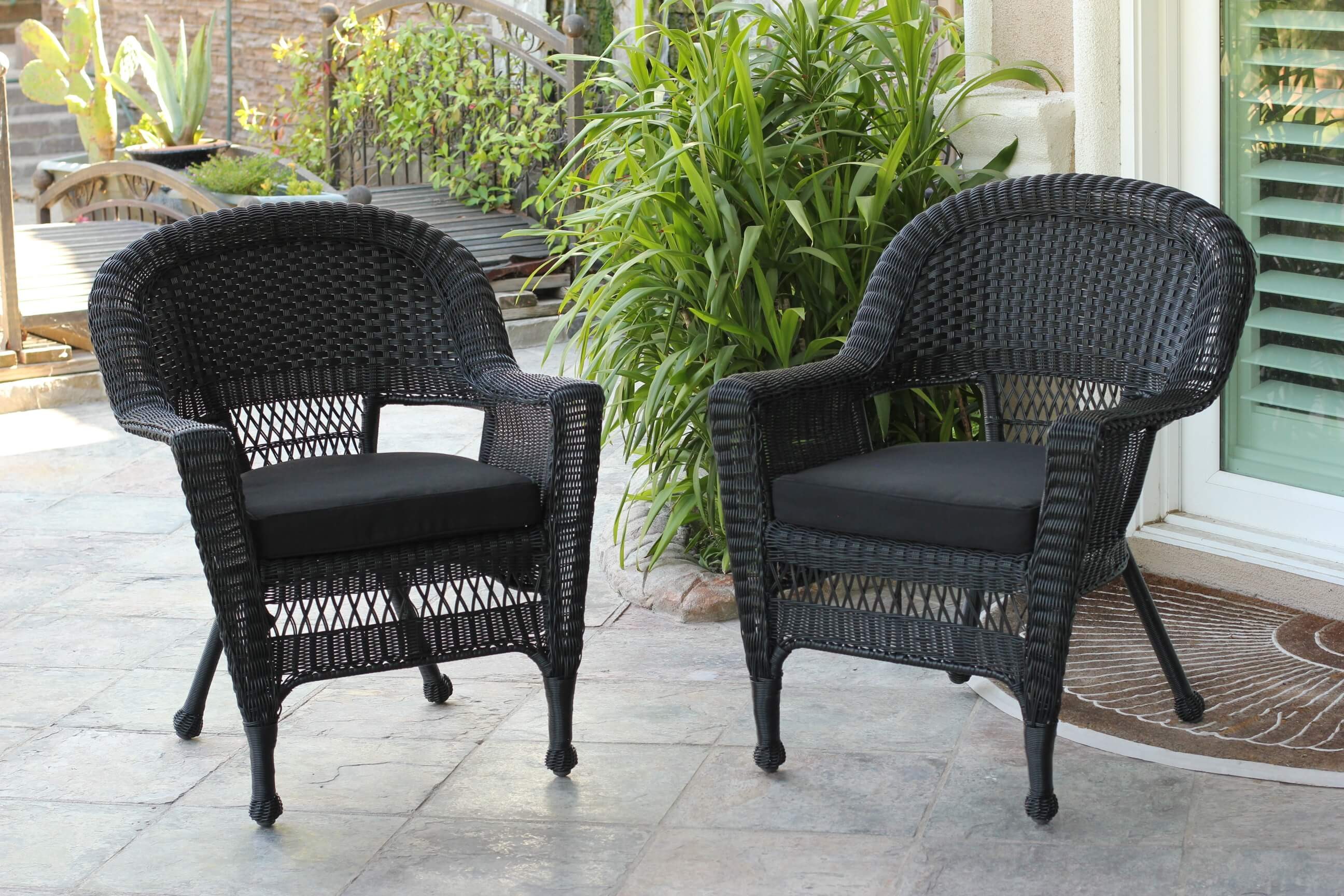 Black Wicker Chair With Cushion Set of 4 Bazaar Home