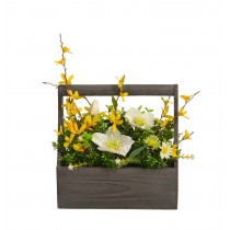 Floral arrangement with wooden  pot