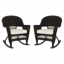Espresso Rocker Wicker Chair with Ivory Cushion -  Set of 2